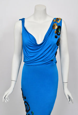 2007 John Galliano Ocean Blue Sequin Viscose Draped Backless Hourglass Gown