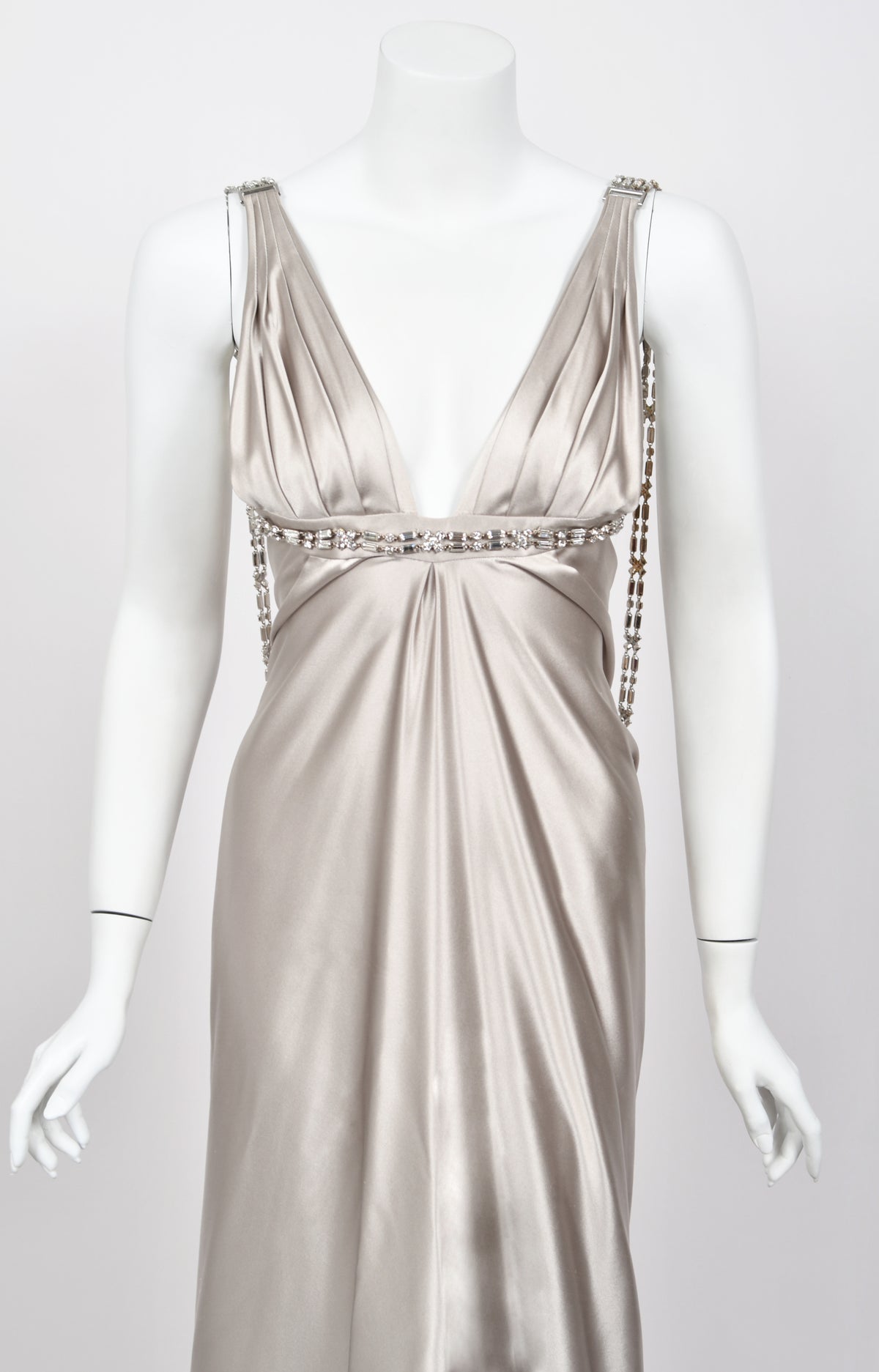 2006 Dsquared2 Platinum Silk Jeweled Backless Trained Glamour Gown