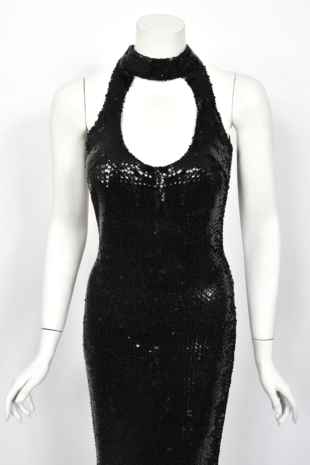 1973 Loris Azzaro Couture Black Fully Sequin Cut-Out Hourglass Mermaid Gown