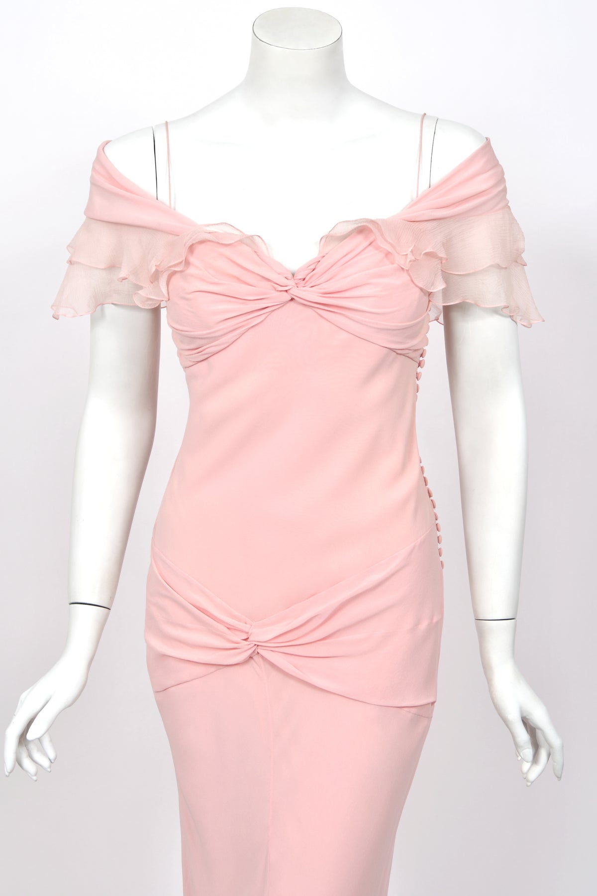 2004 Christian Dior by John Galliano Light Pink Silk Draped Shawl High Slit Bias-Cut Gown