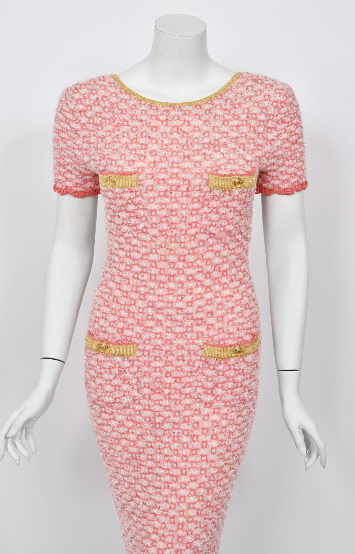 1997 Chanel by Karl Lagerfeld Runway Metallic Pink Stretch Knit Maxi Dress