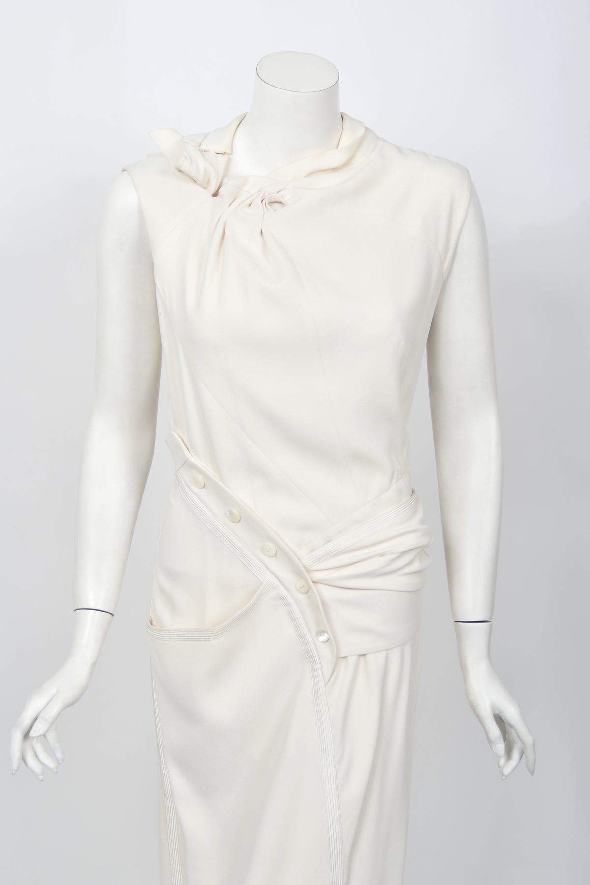 2000 Christian Dior by John Galliano Ivory Crepe Cut-Out Asymmetric Draped Dress