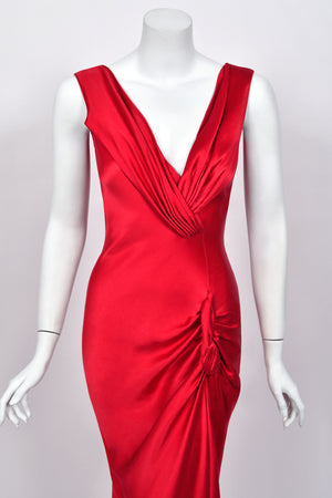 2003 Christian Dior by John Galliano Ruby Red Silk Low Cut Draped High Slit Bias-Cut Dress