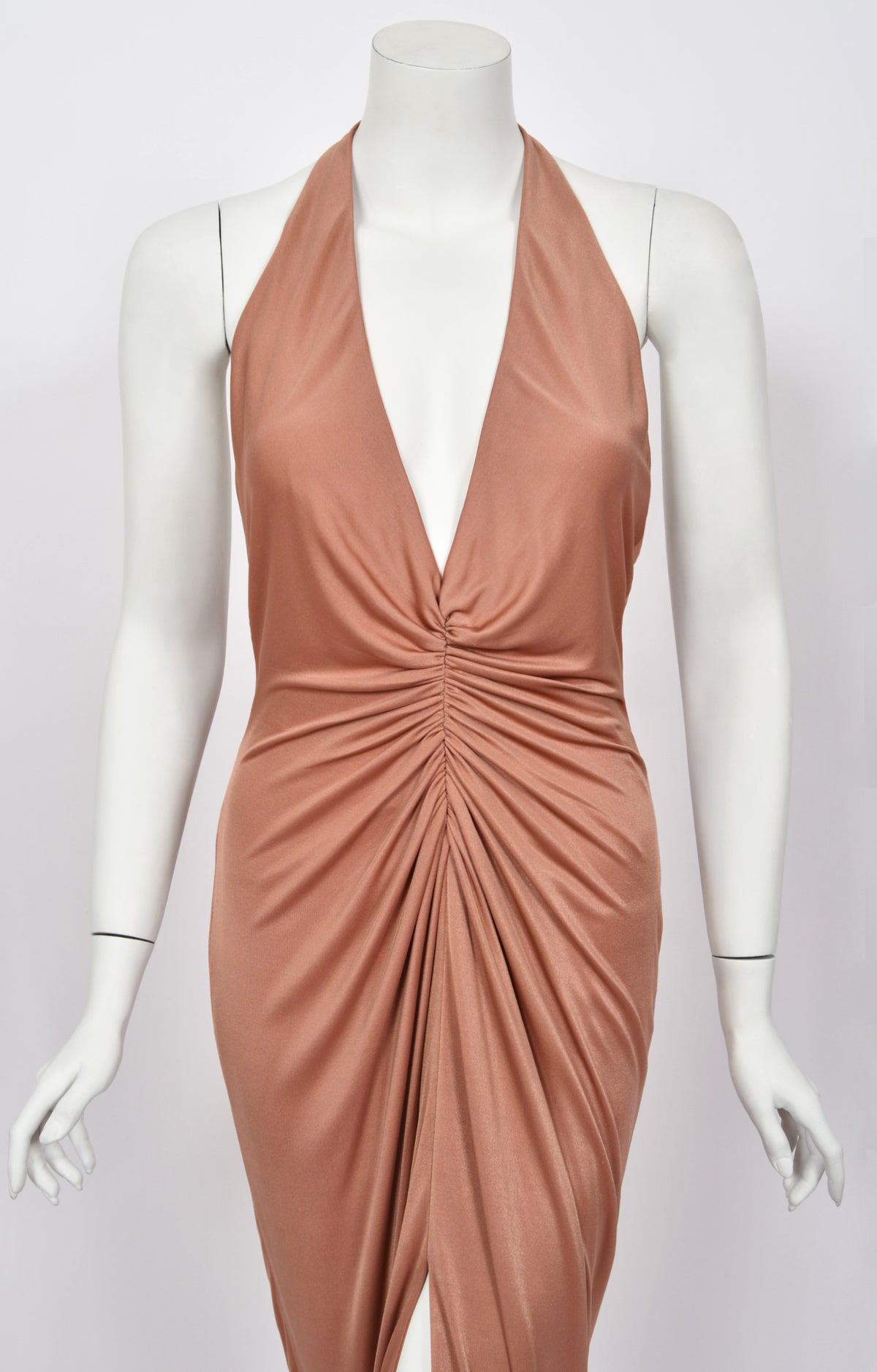 2005 Versace Nude Silk-Jersey Low Plunge Halter Backless Gown