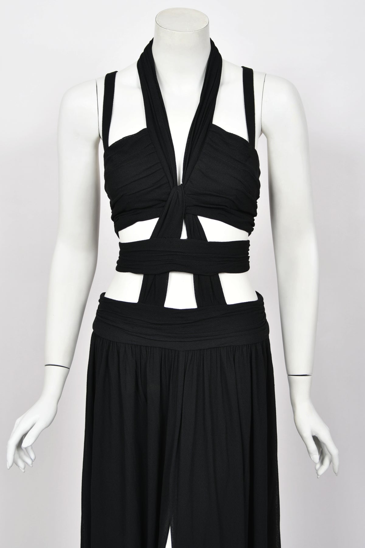 1995 Chanel by Karl Lagerfeld Iconic Runway Campaign Black Cut-Out High Slit Maxi Dress