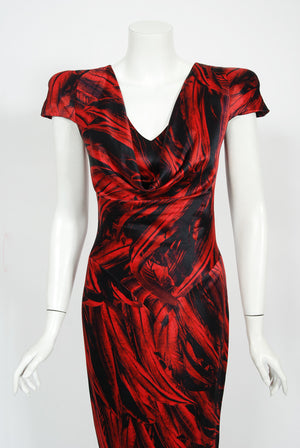 2009 Alexander McQueen Lifetime Red & Black Feather Print Silk Hourglass Gown