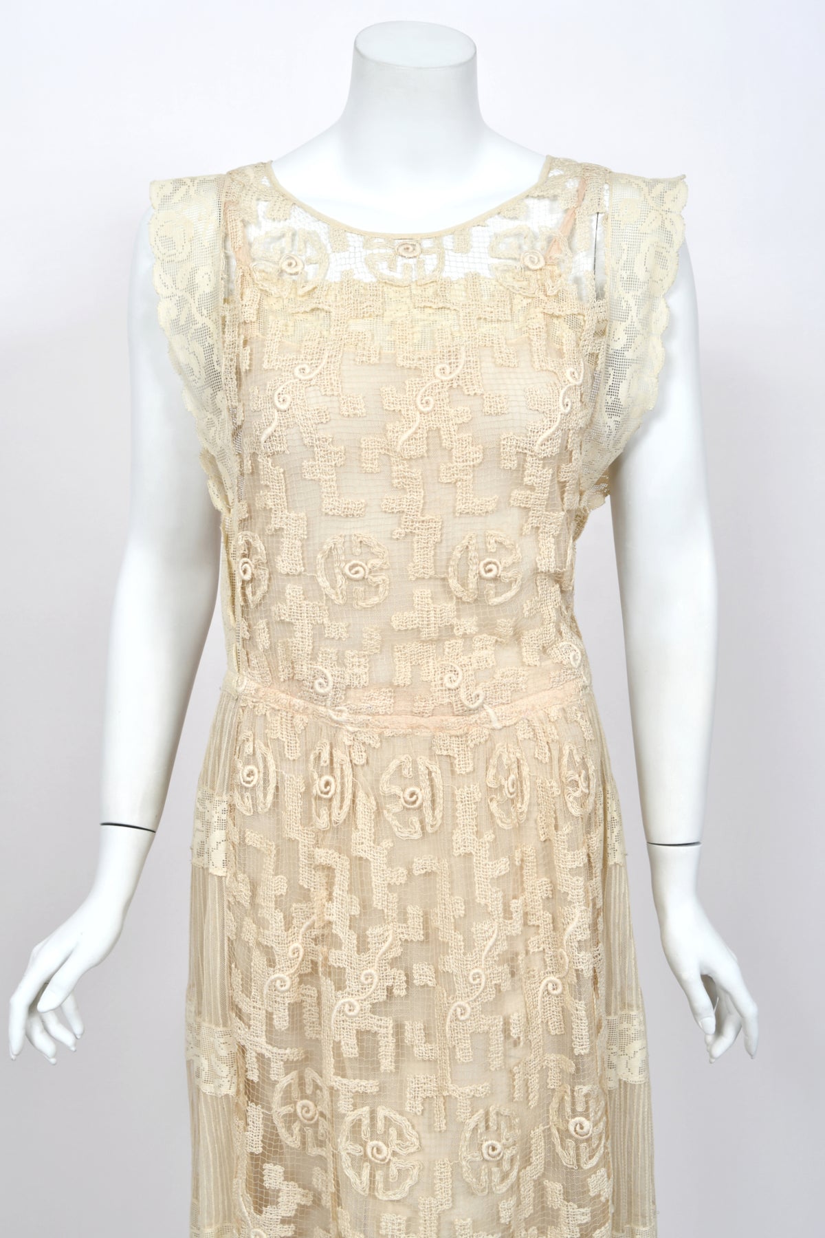 1920's French Cream Heavily Embroidered Deco Motif Filet Lace & Sheer Net Tea-Length Dress