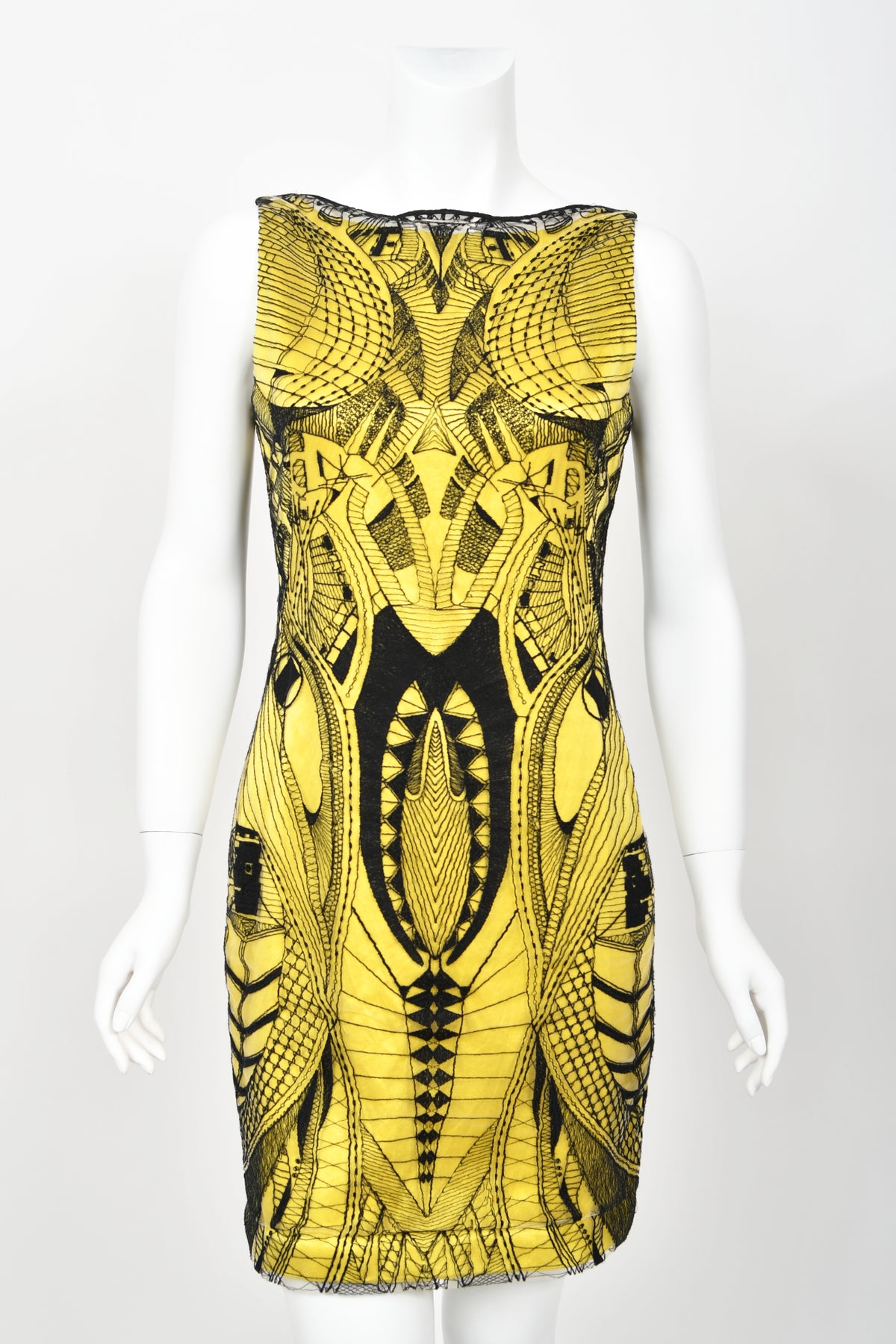 2010 Alexander McQueen Lifetime Insect Tattoo Embroidered Net-Lace Yellow Mini Dress