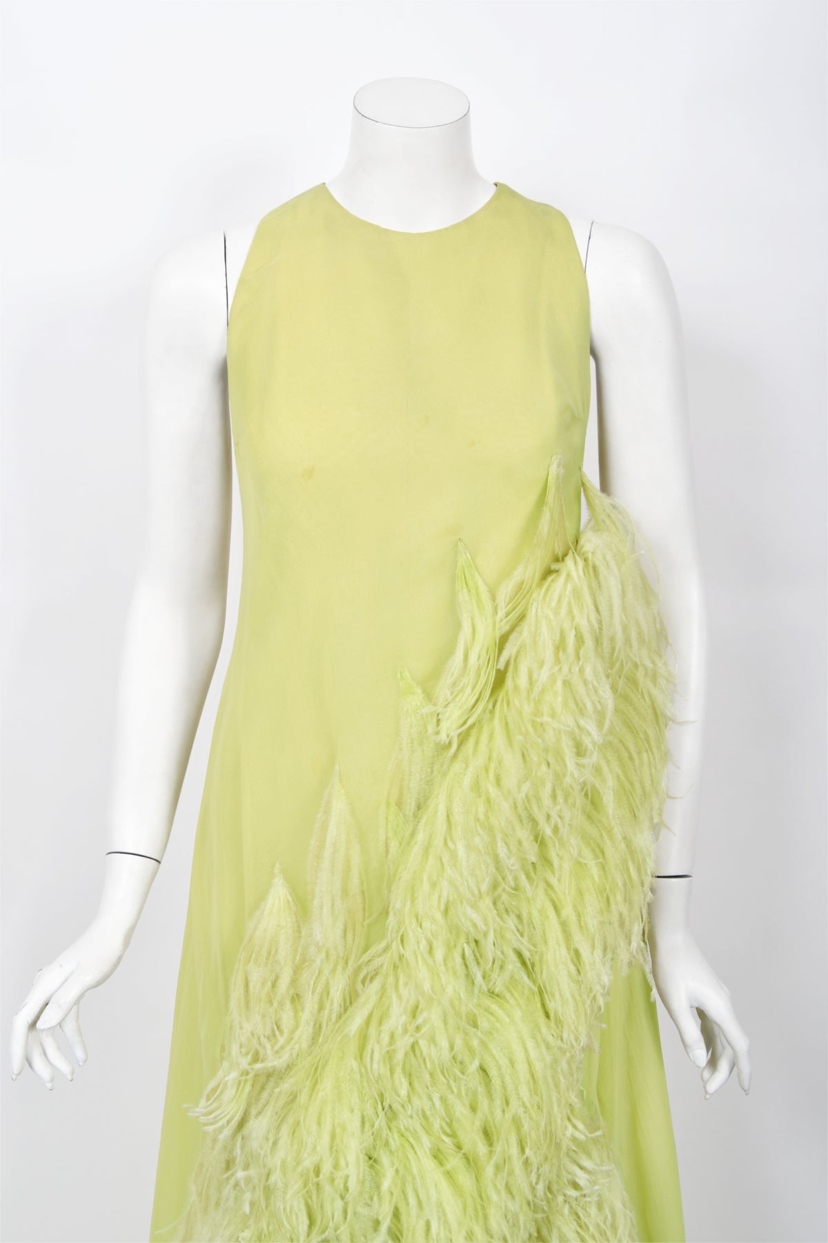 1968 Christian Dior Haute Couture Maria Felix Owned Chartreuse Silk Feather Gown