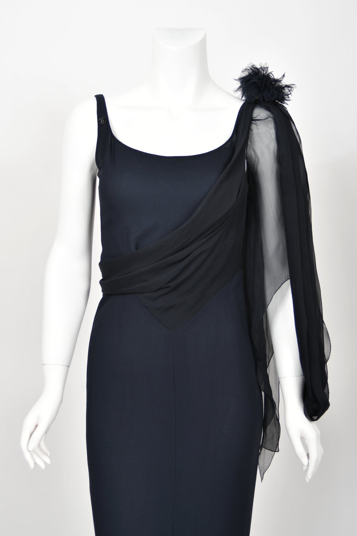 2002 Chanel Cruise Collection Midnight Blue Silk Chiffon Draped Bias-Cut Gown