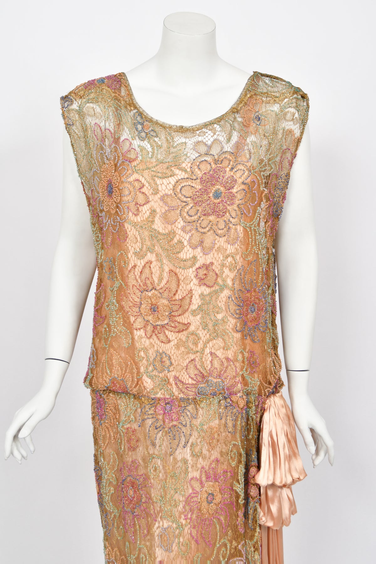 1920&#39;s French Couture Colorful Beaded Metallic Lamè Lace &amp; Pink Silk Dress