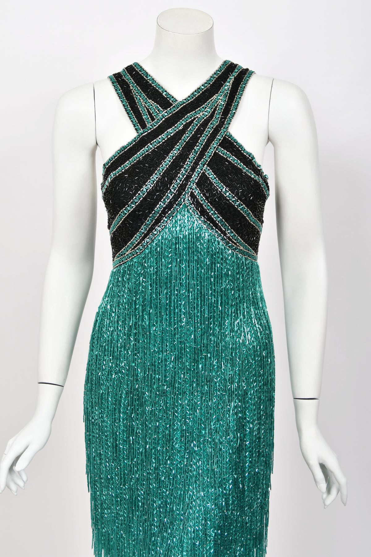 1990 Bob Mackie Teal-Green &amp; Black Beaded Fringe Backless Cocktail Dress