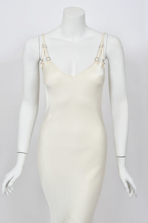 2004 John Galliano Ivory Satin Crystal Accented Bias-Cut Trained Bridal Gown