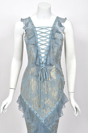 2003 Christian Dior by John Galliano Metallic Powder Blue Floral Silk Brocade Lace Up Bias-Cut Gown