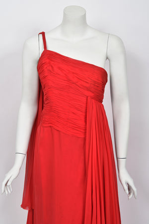 1960's Martha Weathered Couture Ruby-Red Pleated Silk Draped Goddess Gown