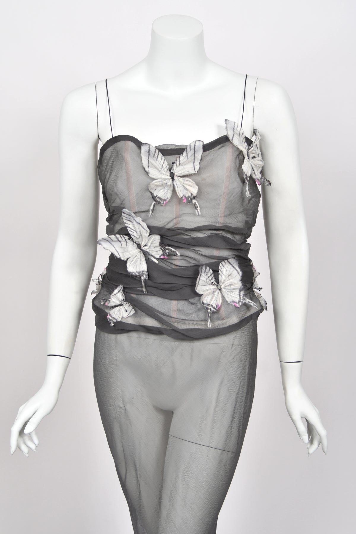 1998 Dolce &amp; Gabbana 'Stromboli Collection' Hand-Painted Butterflies Grey Sheer Silk Corset Gown