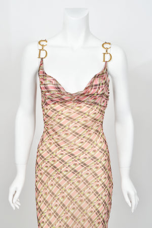 2000 Christian Dior by Galliano Pink Plaid Silk Logo Hardware Bias-Cut Dress