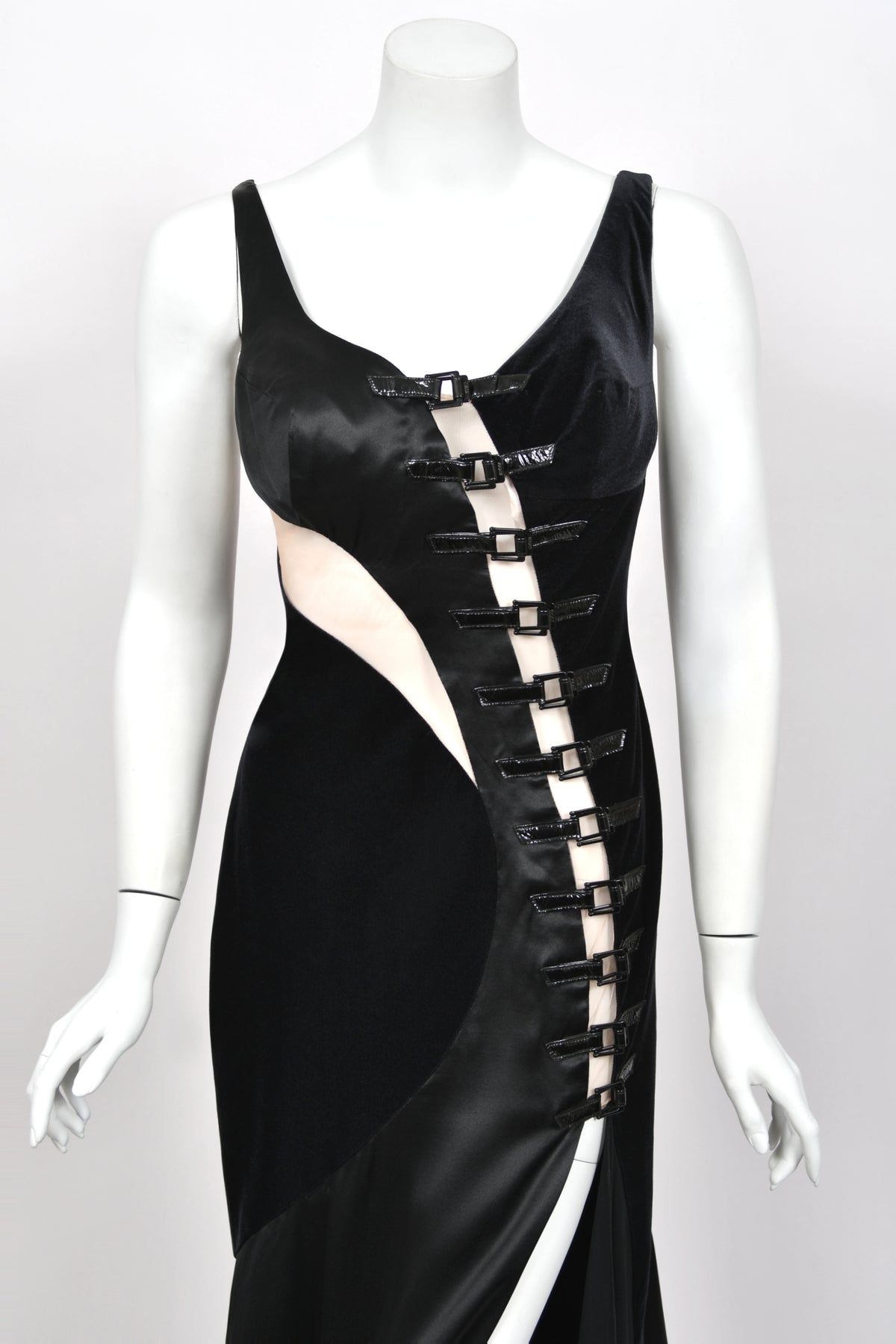 2004 Versace Runway Black Silk & Velvet Sheer-Illusion Buckle Trimmed High Slit Gown