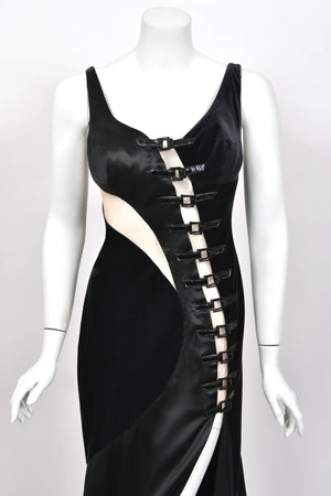 2004 Versace Runway Black Silk & Velvet Sheer-Illusion Buckle Trimmed High Slit Gown