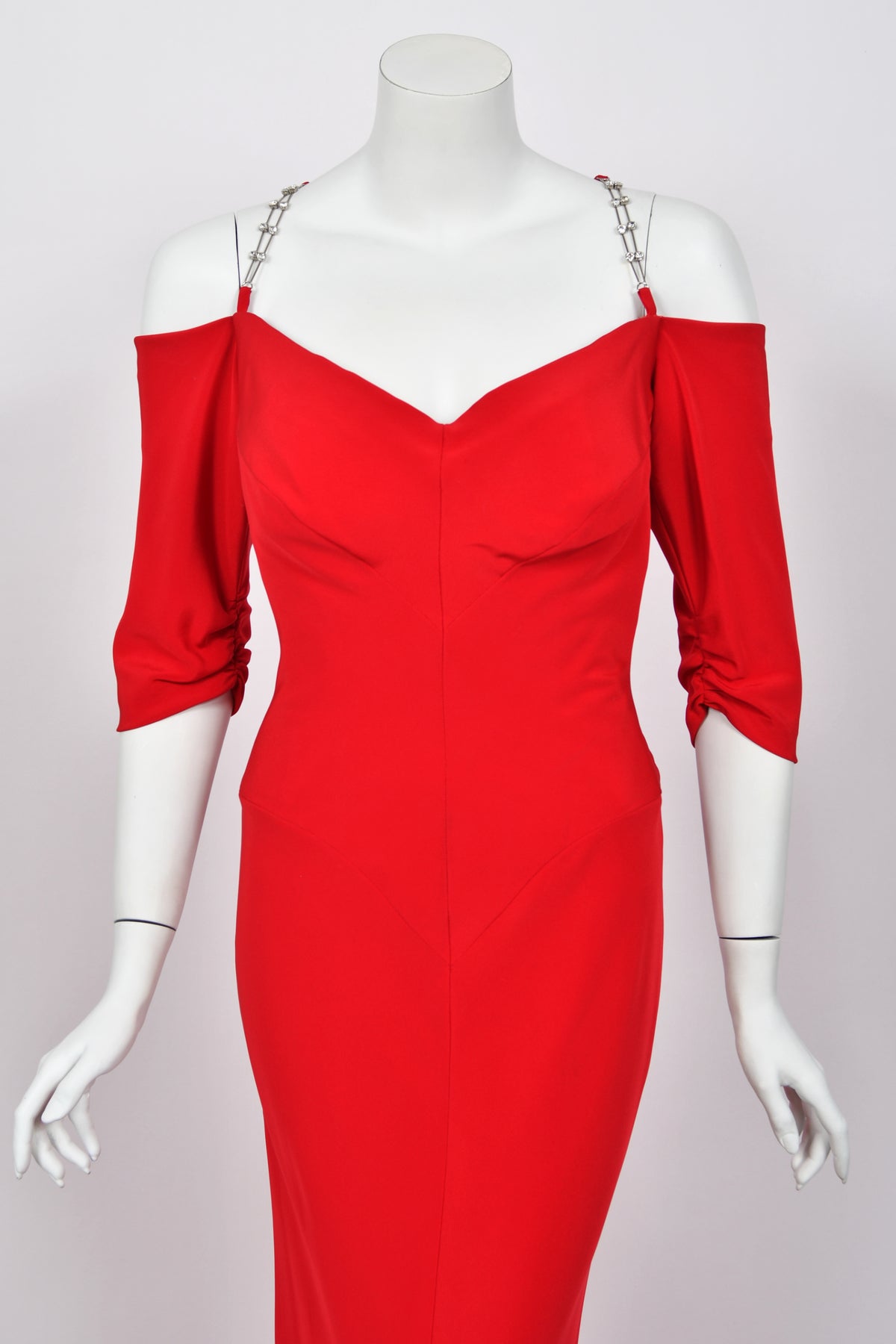 2000 Raquel Welch Custom Couture Ruby-Red Silk Bustier Hourglass Trained Gown