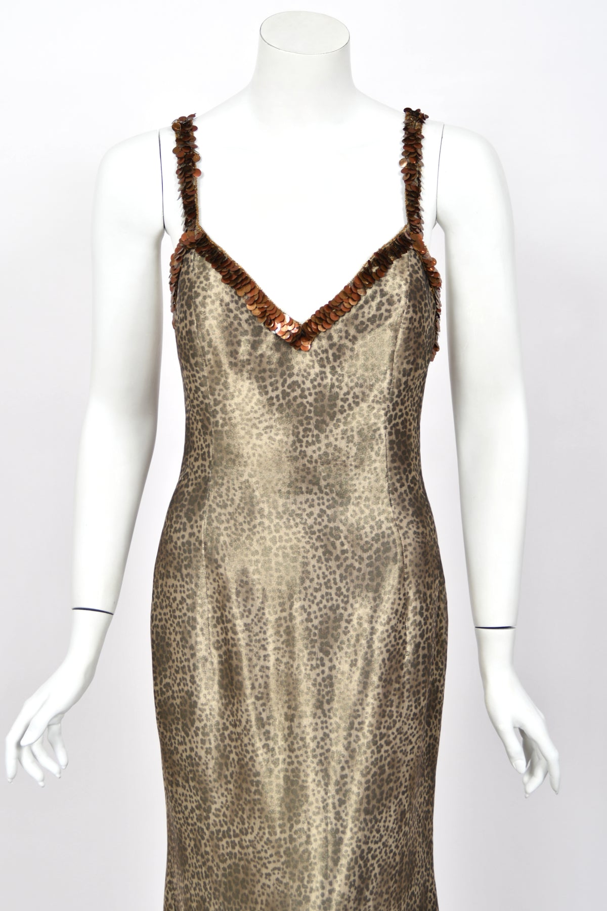 1998 Valentino Runway Semi-Sheer Leopard Print Shimmer Silk Beaded Slip Gown