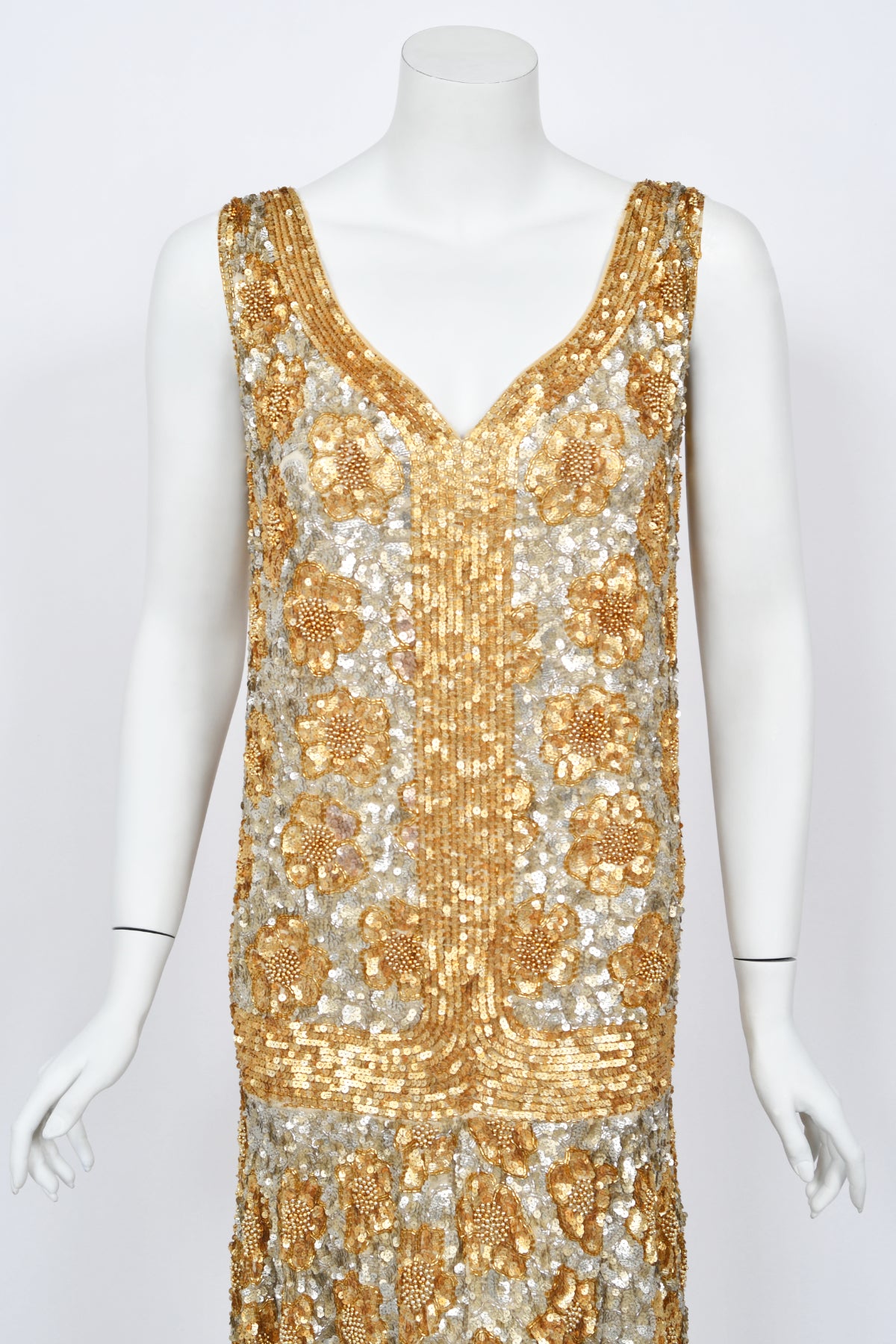 1920's French Couture Metallic Gold Beaded Sequin Flapper Dress 1920's French Couture Metallic Gold Beaded Sequin Flapper Dress