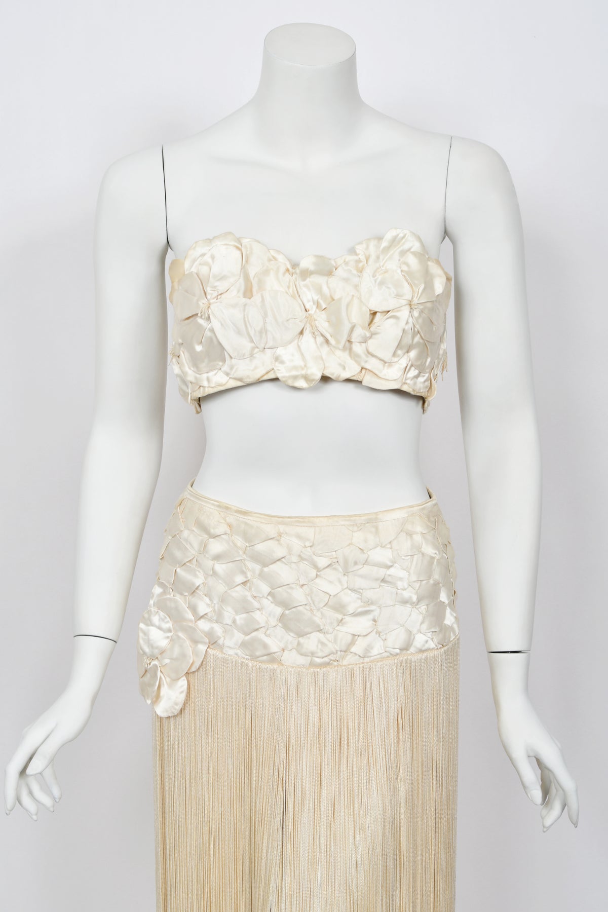 1950&#39;s Ivory Floral Appliqué Silk Bustier Crop Top &amp; Matching Fringe Skirt Set