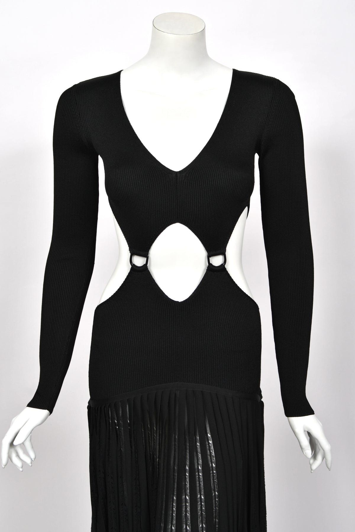 2018 Roberto Cavalli Runway Black Stretch Knit Long Sleeve Cut-Out High Slit Maxi Dress