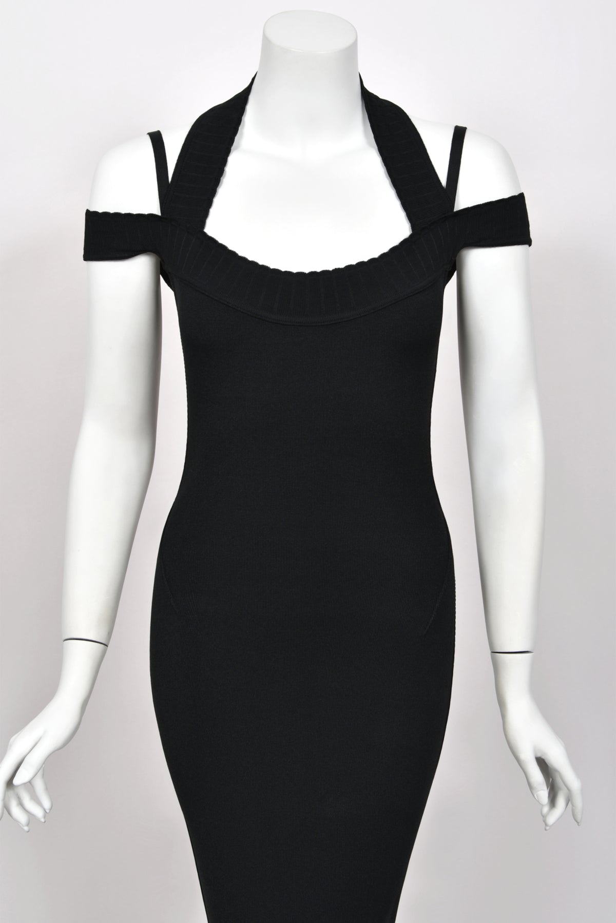 1992 Azzedine Alaia Black Stretch Knit Cold-Shoulder Halter Bodycon Maxi Dress