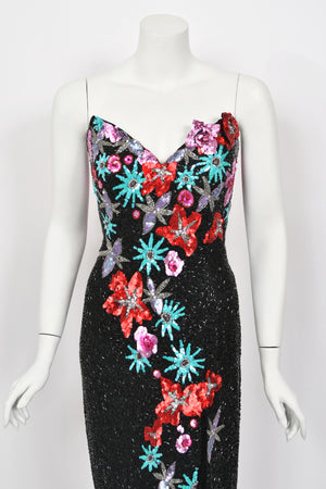 1990's Bob Mackie Fully Beaded Floral Motif Strapless Bustier High-Slit Gown