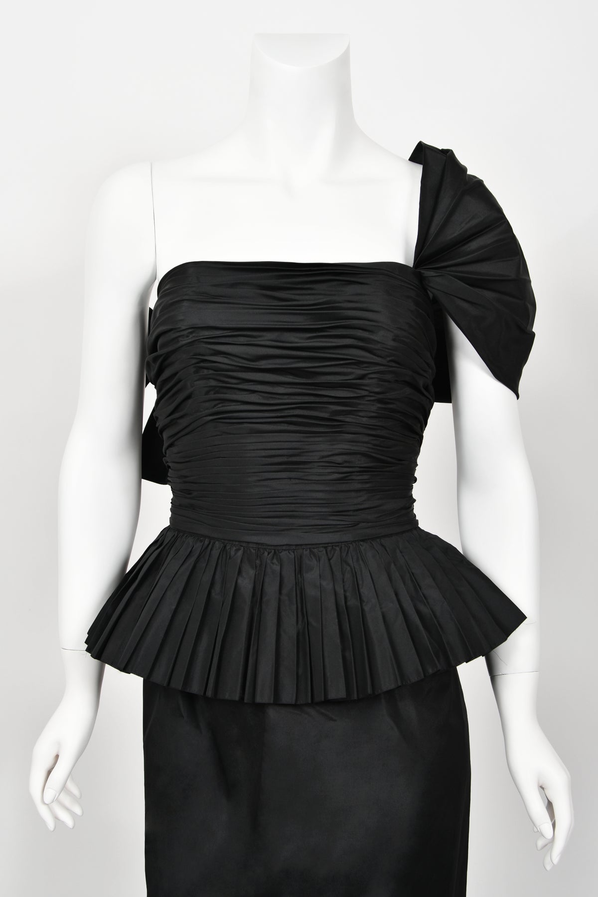 1986 Chanel Documented Runway Black Pleated Silk One-Shoulder Hourglass Gown