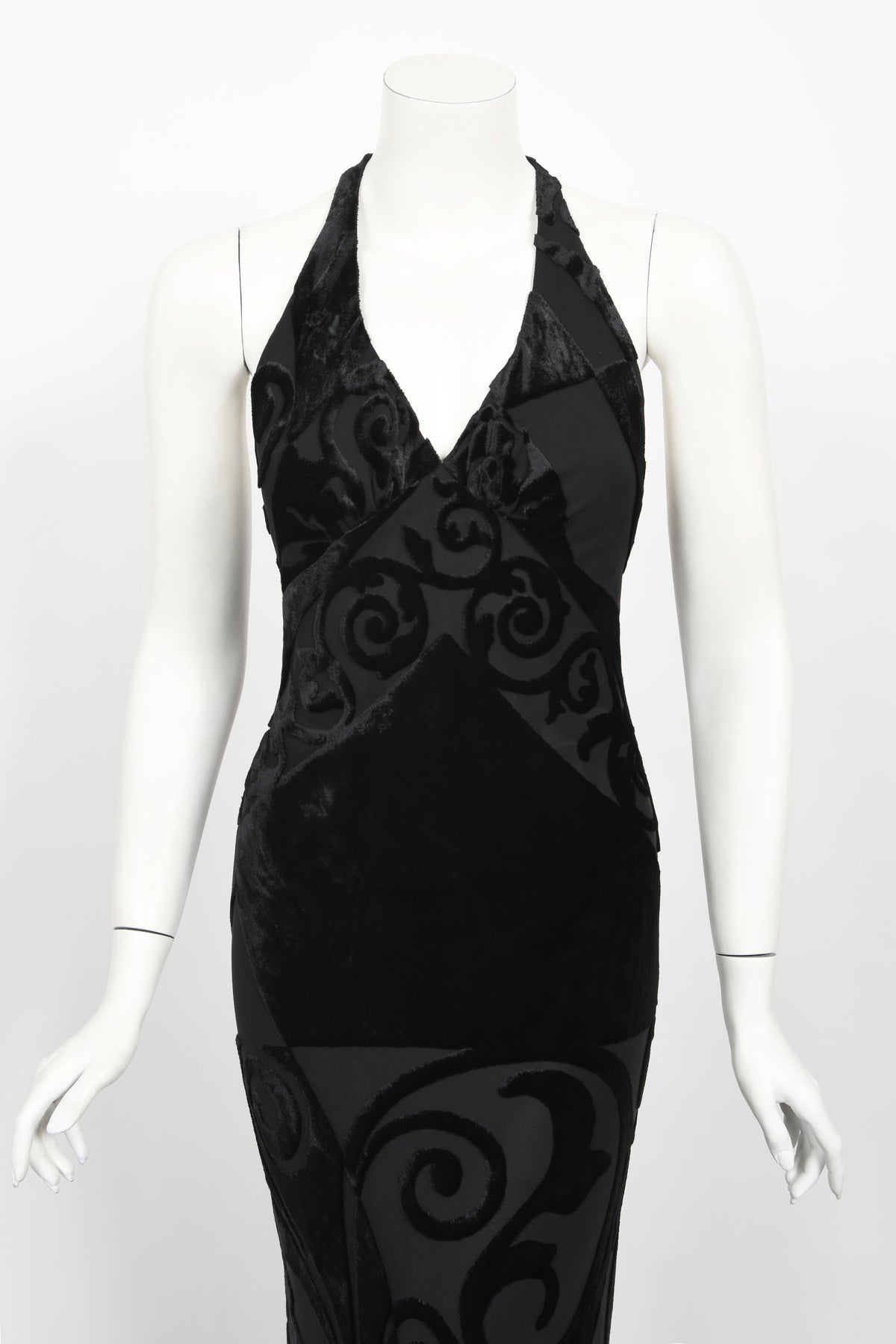 1997 Galindo Couture Black Devoré Velvet Bias-Cut Halter Trained Gown