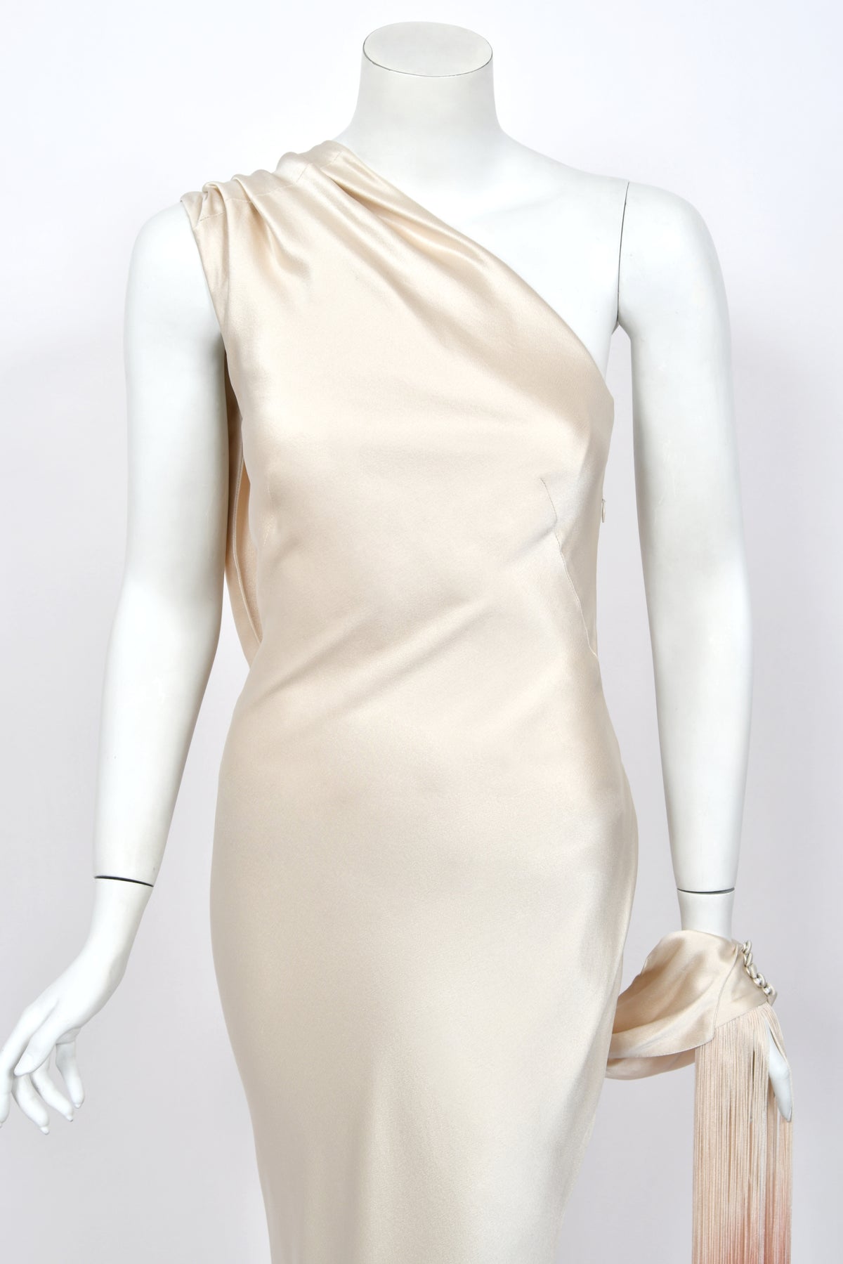 2009 Alexander McQueen Ivory Silk Draped Sleeve Ombré Fringe Bias-Cut Gown w/Tags
