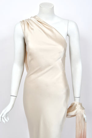 2009 Alexander McQueen Ivory Silk Draped Sleeve Ombré Fringe Bias-Cut Gown w/Tags