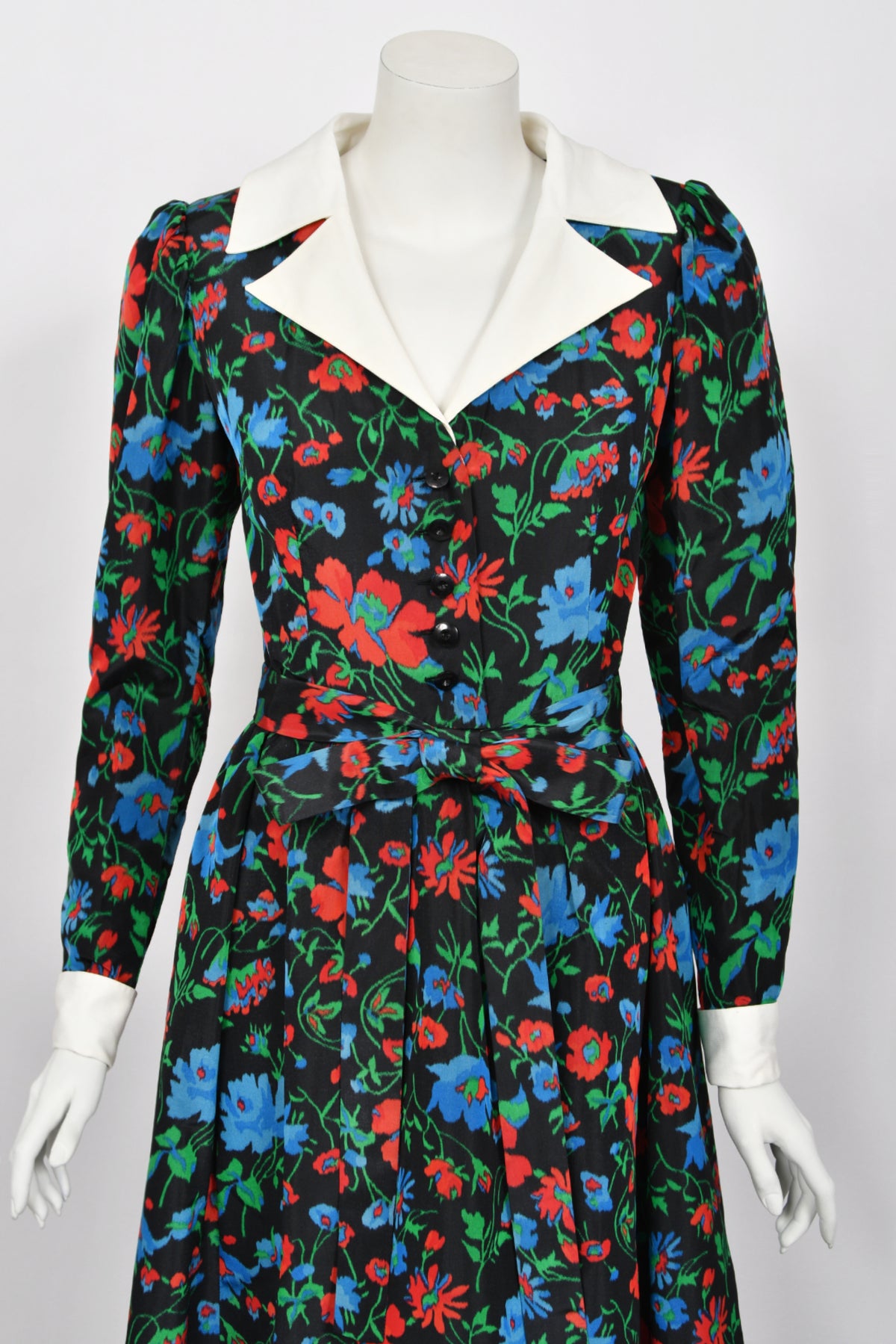 1972 Yves Saint Laurent Haute Couture Documented Floral Silk Collar Cuff Gown