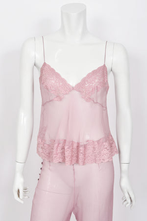 1999 Christian Dior by John Galliano Lilac Sheer Silk & Lace 'Lingerie' Camisole Pants Set