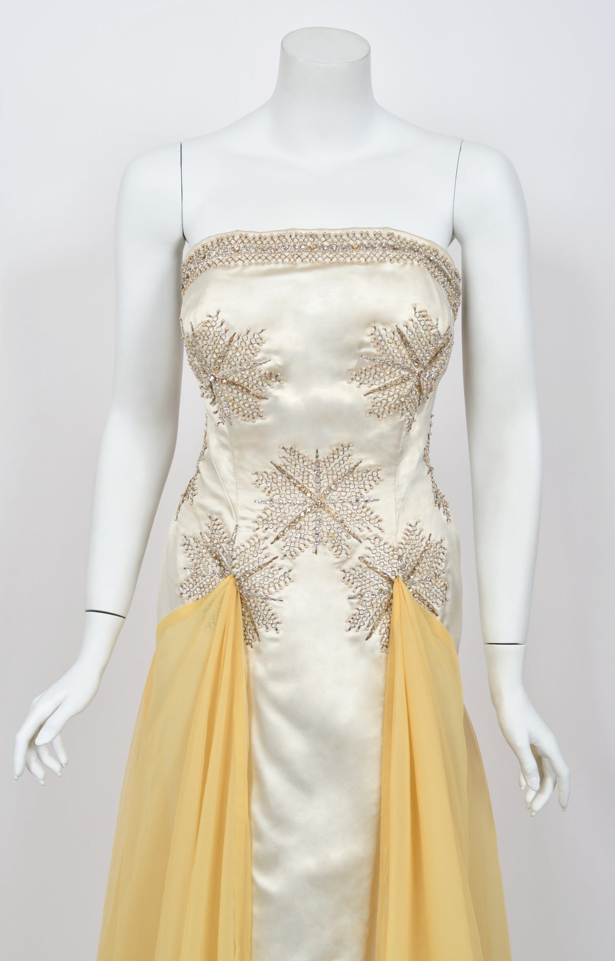 1950&#39;s French Couture Ivory Metallic Embroidered Beaded Silk Skirted Hourglass Gown