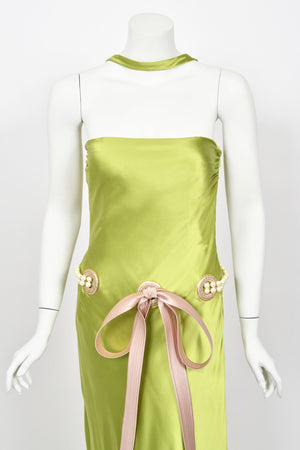 2005 Valentino Runway Chartreuse Silk Draped-Pearls Reverse Halter Glamour Gown