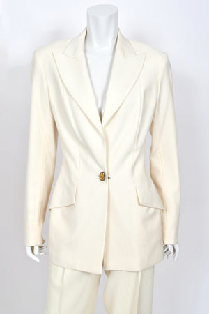 1999 Christian Dior by John Galliano Ivory Logo-Print Silk Enamel Buttons Pantsuit
