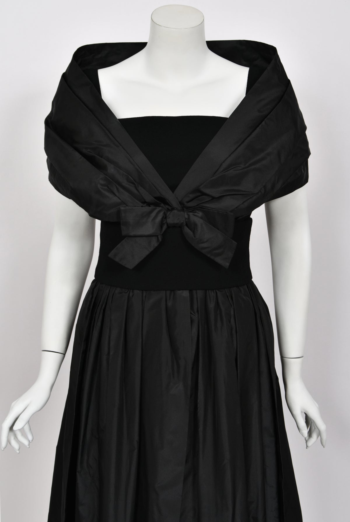 1956 Christian Dior Demi-Couture Black Silk Portrait Collar Skirted Cocktail Dress