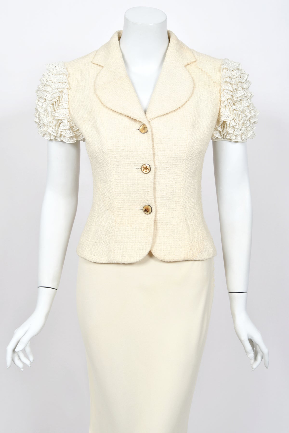 1998 John Galliano ‘Haute Bohème’ Collection Ivory Knit Ruffle Sleeve Jacket &amp; Bias-Cut Skirt Set w/Tags