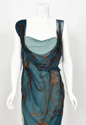 2006 Christian Dior by John Galliano Blue Watercolor Sheer Silk Draped Slip Dress