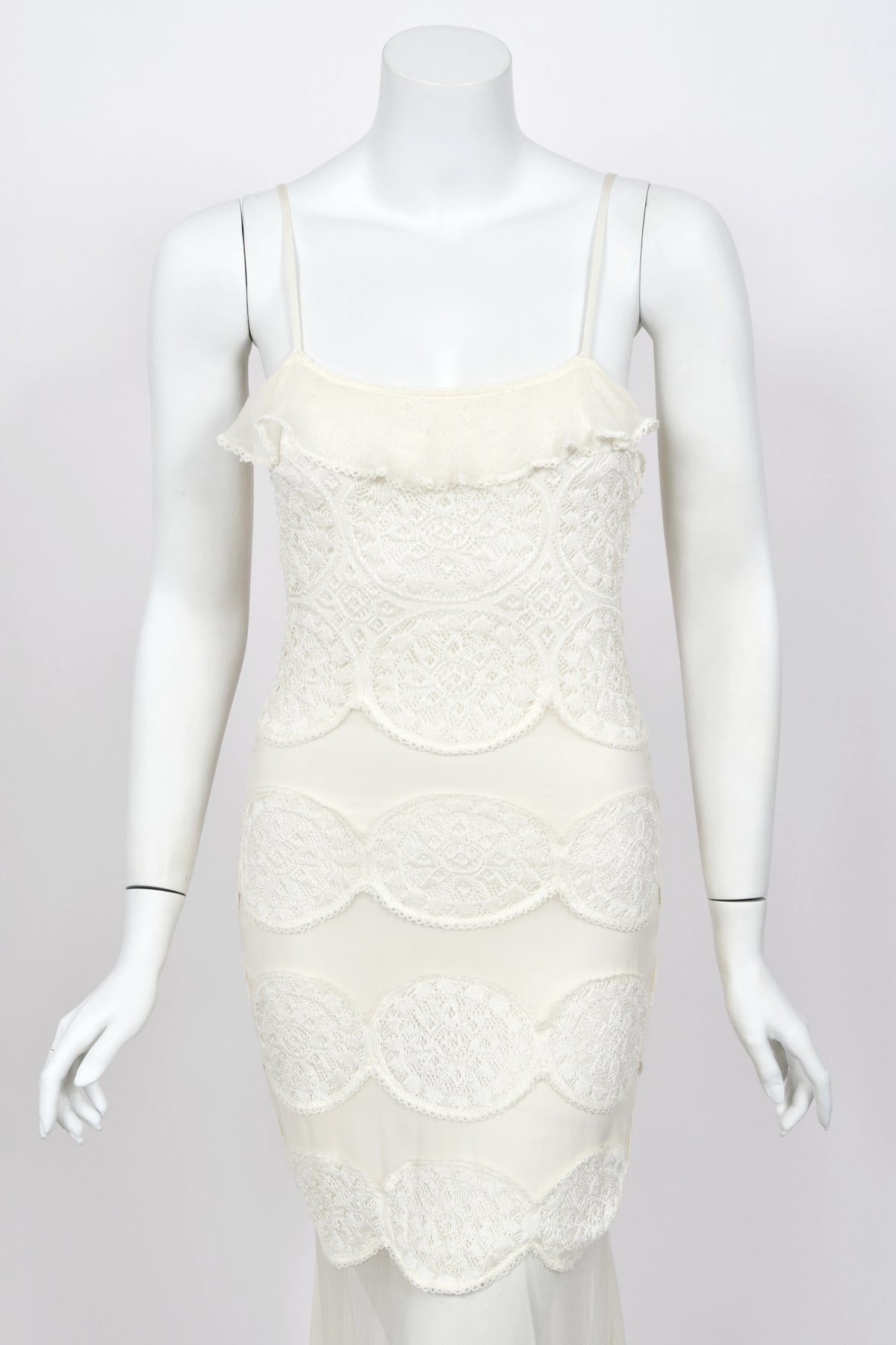 2005 Christian Dior by John Galliano Ivory Knit Appliqué Sheer Silk Fitted Slip Dress