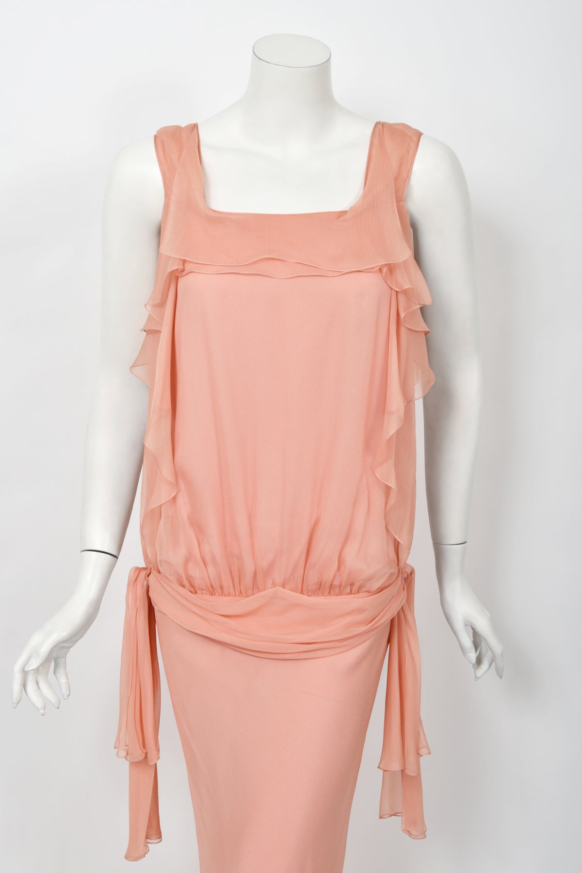 2008 John Galliano Pale Pink Semi-Sheer Silk Draped Ruffle Bias-Cut Gown