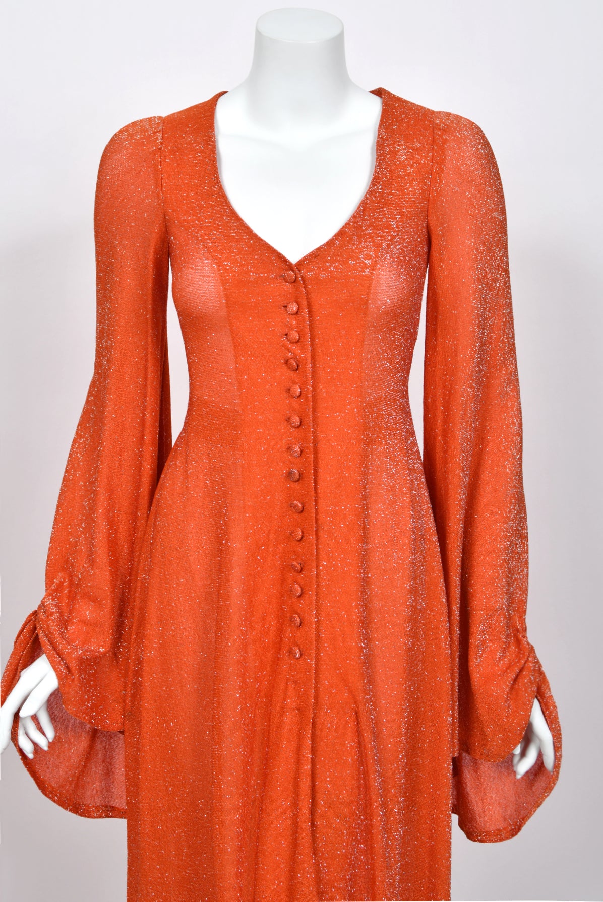 1974 Biba by Barbara Hulanicki Metallic Orange Lurex Angel-Sleeve High Slit Maxi Dress