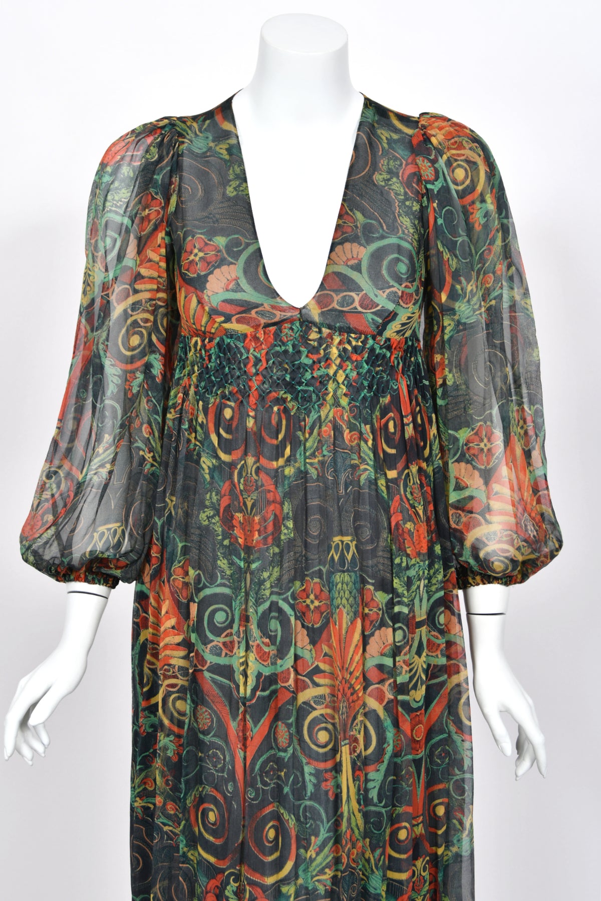 1971 Thea Porter Couture Green Art Nouveau Motif Silk Billow-Sleeve Maxi Dress
