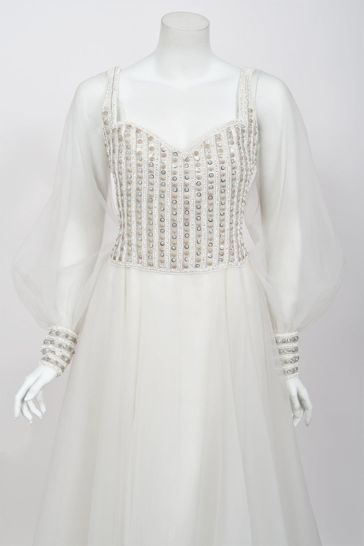 1972 Christian Dior Couture White Beaded Sheer Silk Billow-Sleeve Bridal Gown w/ Matching Veil