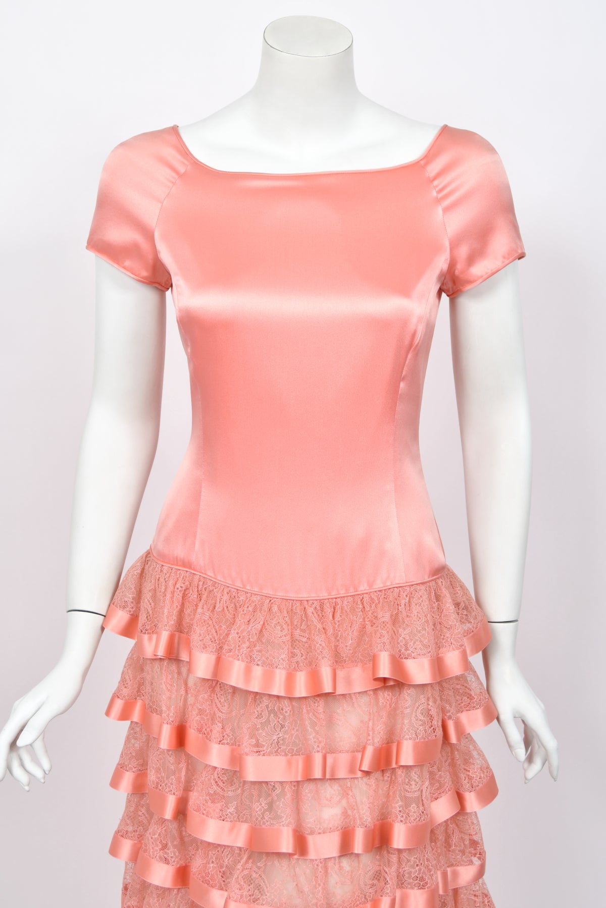 1993 Valentino Runway Blush Pink Silk &amp; Sheer Chantilly-Lace Tiered Ruffle Maxi Dress