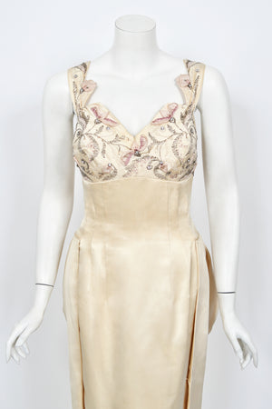 1950's Candlelight Satin Beaded Appliqué Skirted Hourglass Custom Couture Dress