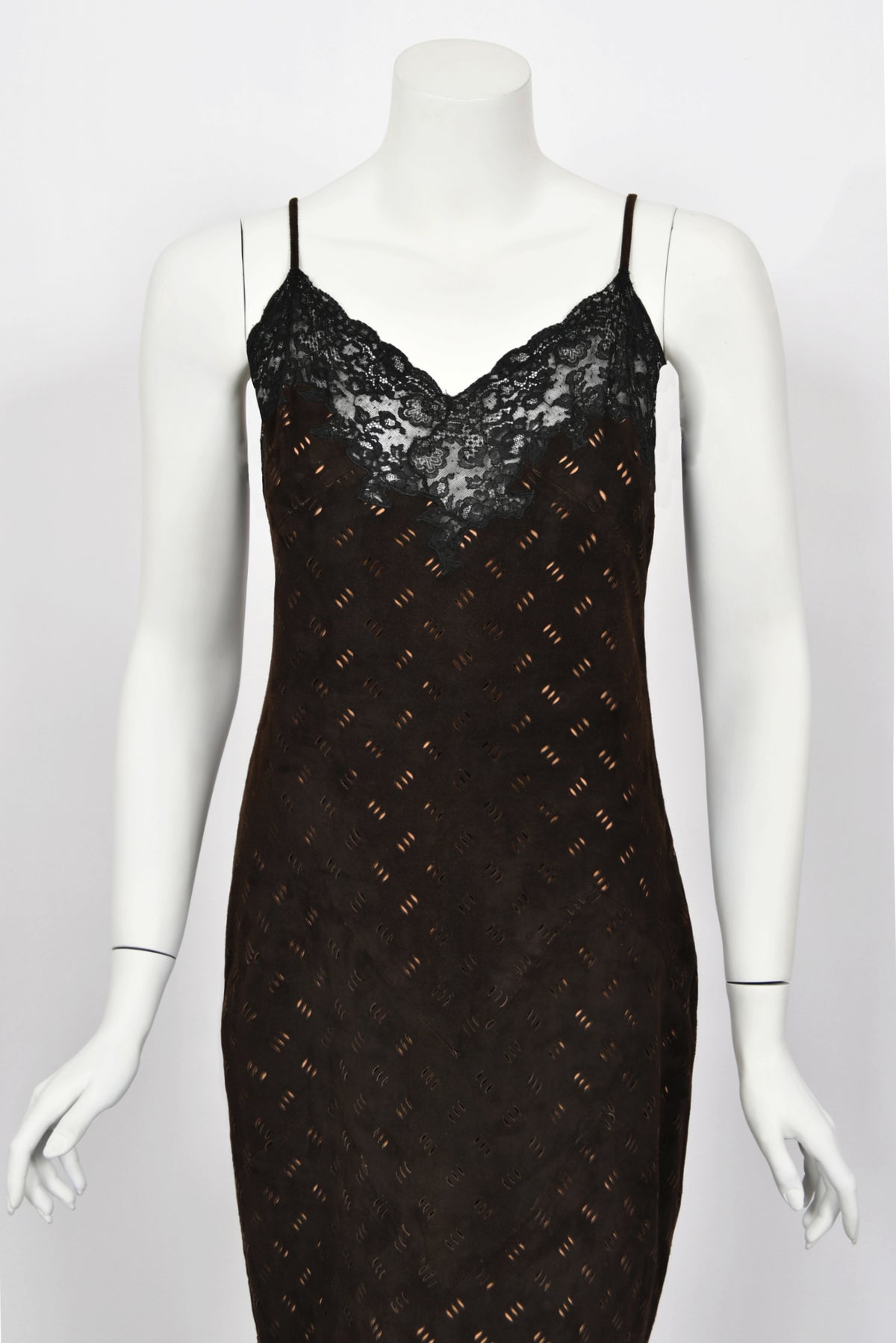 1999 Christian Dior by John Galliano Brown Suede &amp; Sheer Lace Bias-Cut Slip Gown w/ Shawl